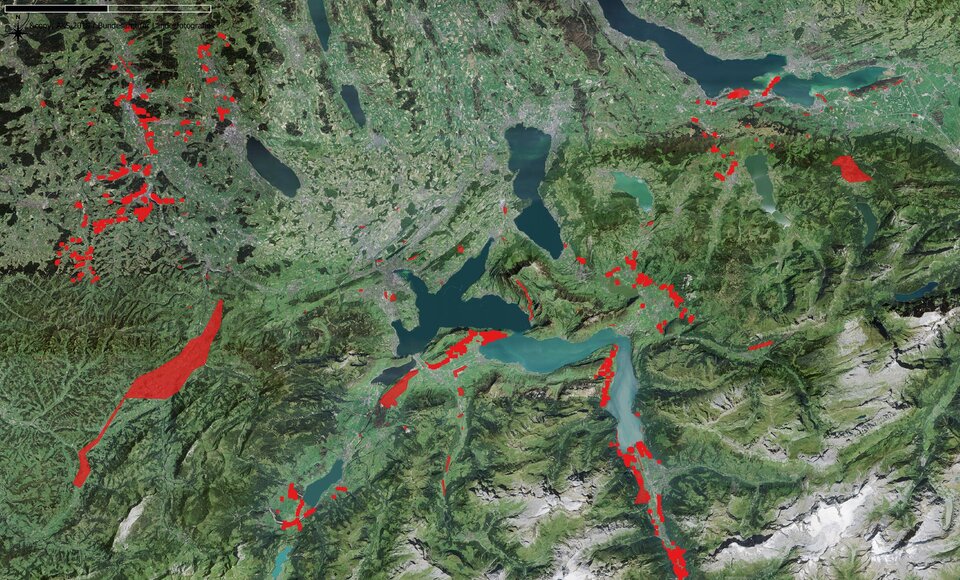 Fördermassnahmen für die Zauneidechse: Die roten Punkte/Flächen markieren Orte, an denen Massnahmen umgesetzt wurden.