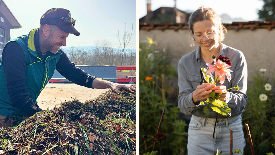 Links: Alain Huber (ERDIG) bei der Kompostbearbeitung; rechts: Barbara Lantschner (Stadtblüte) im Garten. Bilder: A. Huber, S. Würsch.